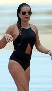 Lea Michele seen at Hawaii beach in Black Swimsuit